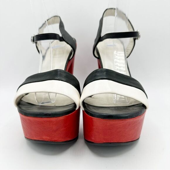 Stuart Weizmann Black Red and White Wide Strap Platform Sandals with Ankle Strap - Picture 5 of 15